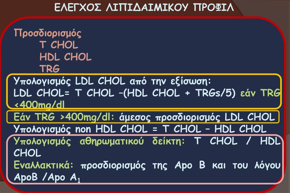 προσδιορισμός LDL CHOL Υπολογισμός non HDL CHOL = T CHOL HDL CHOL Υπολογισμός αθηρωματικού