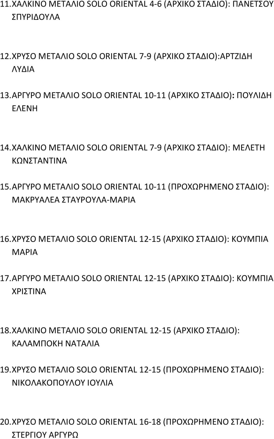 ΑΡΓΥΡΟ ΜΕΤΑΛΙΟ SOLO ORIENTAL 10-11 (ΠΡΟΧΩΡΗΜΕΝΟ ΣΤΑΔΙΟ): ΜΑΚΡΥΑΛΕΑ ΣΤΑΥΡΟΥΛΑ-ΜΑΡΙΑ 16. ΧΡΥΣΟ ΜΕΤΑΛΙΟ SOLO ORIENTAL 12-15 (ΑΡΧΙΚΟ ΣΤΑΔΙΟ): ΚΟΥΜΠΙΑ ΜΑΡΙΑ 17.
