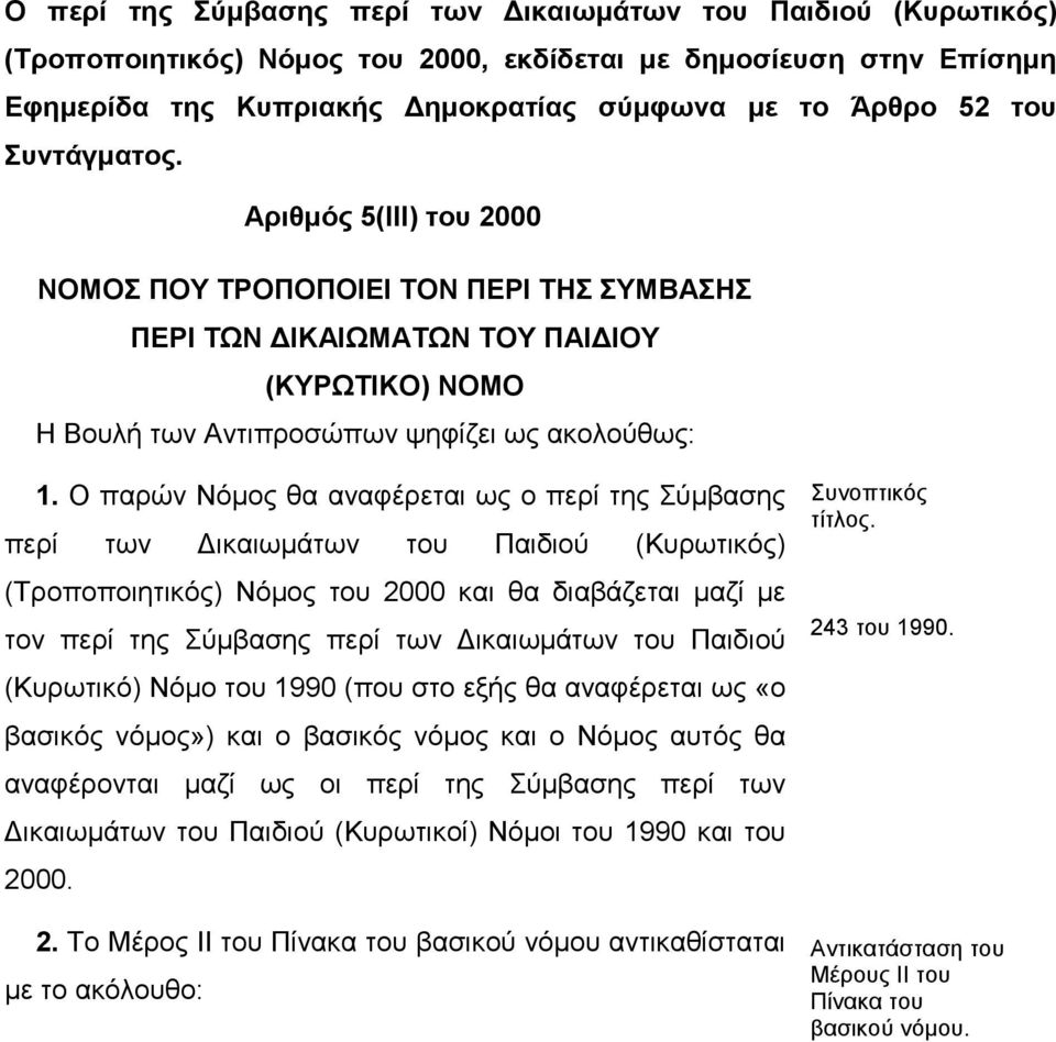 Ο παρών Νόµος θα αναφέρεται ως ο περί της Σύµβασης περί των ικαιωµάτων του Παιδιού (Κυρωτικός) (Τροποποιητικός) Νόµος του 2000 και θα διαβάζεται µαζί µε τον περί της Σύµβασης περί των ικαιωµάτων του