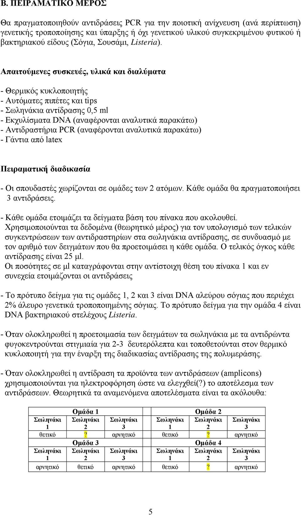 Απαιτούμενες συσκευές, υλικά και διαλύματα - Θερμικός κυκλοποιητής - Αυτόματες πιπέτες και tips - α αντίδρασης 0,5 ml - Εκχυλίσματα DNA (αναφέρονται αναλυτικά παρακάτω) - Αντιδραστήρια PCR