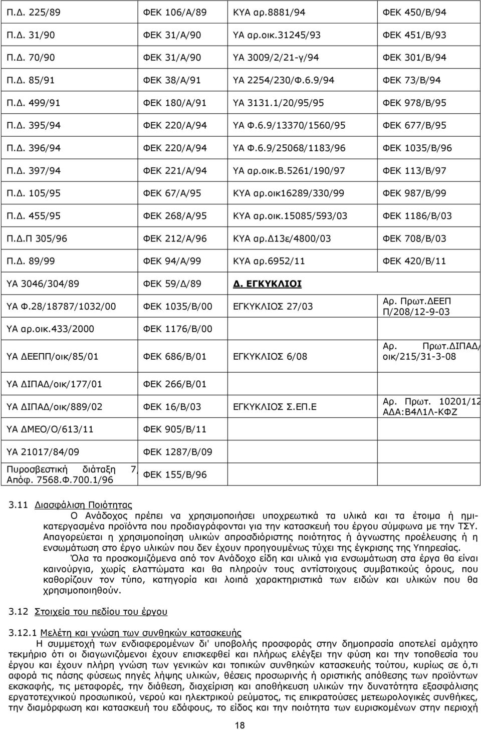Δ. 397/94 ΦΕΚ 221/Α/94 ΥΑ αρ.οικ.β.5261/190/97 ΦΕΚ 113/Β/97 Π.Δ. 105/95 ΦΕΚ 67/Α/95 ΚΥΑ αρ.οικ16289/330/99 ΦΕΚ 987/Β/99 Π.Δ. 455/95 ΦΕΚ 268/Α/95 ΚΥΑ αρ.οικ.15085/593/03 ΦΕΚ 1186/Β/03 Π.Δ.Π 305/96 ΦΕΚ 212/Α/96 ΚΥΑ αρ.