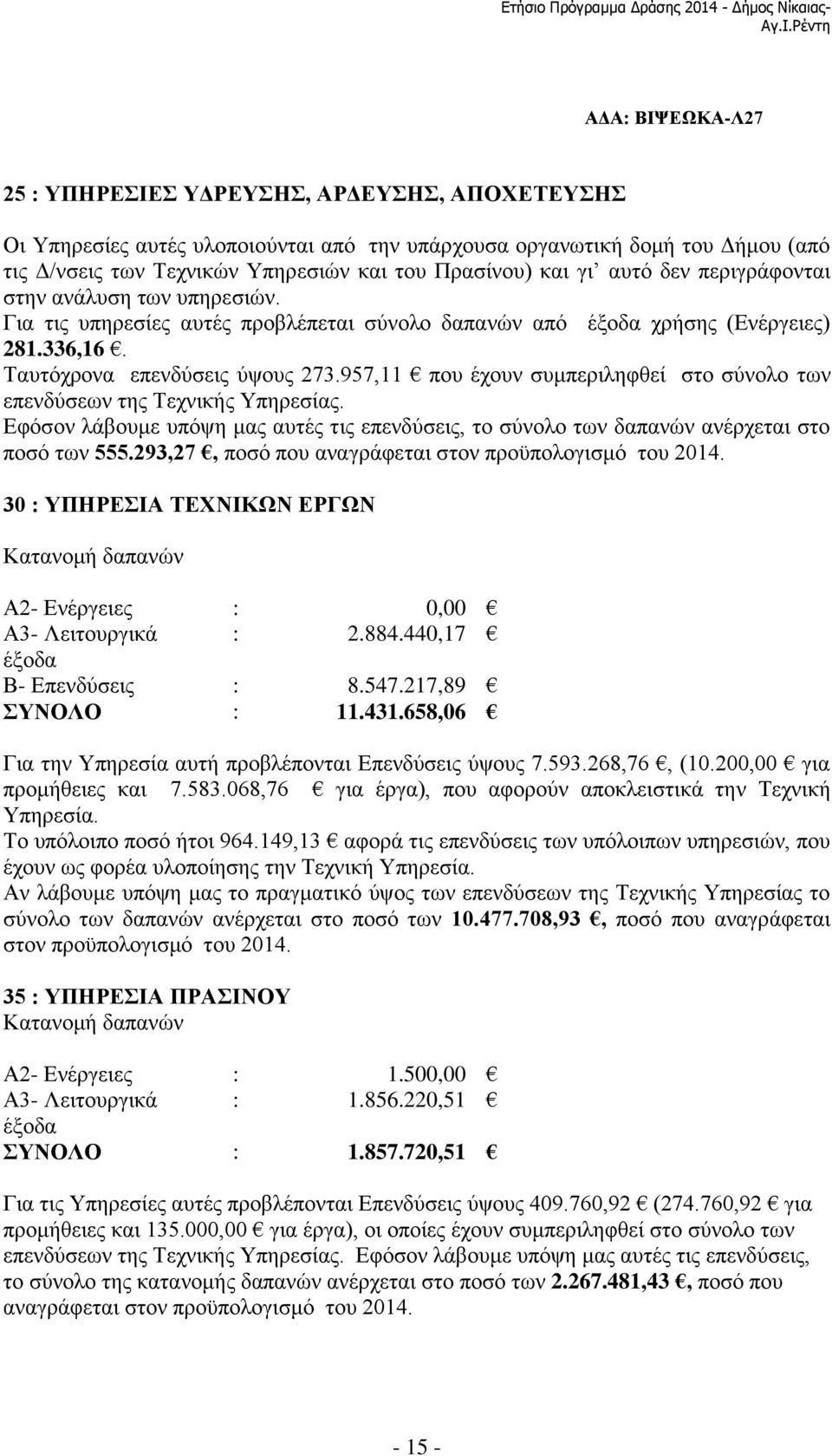 Πρασίνου) και γι αυτό δεν περιγράφονται στην ανάλυση των υπηρεσιών. Για τις υπηρεσίες αυτές προβλέπεται σύνολο δαπανών από έξοδα χρήσης (Ενέργειες) 281.336,16. Ταυτόχρονα επενδύσεις ύψους 273.
