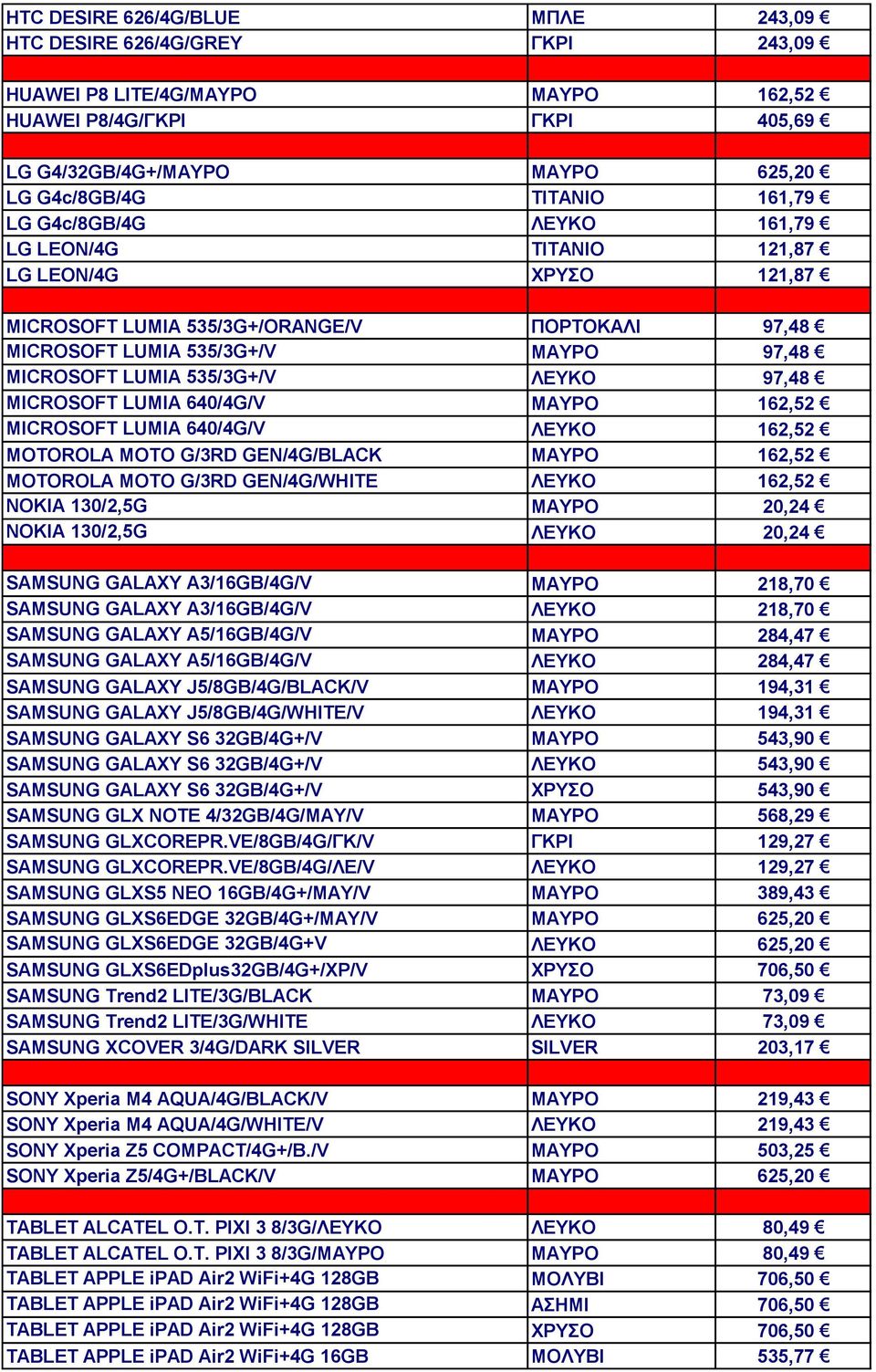 97,48 MICROSOFT LUMIA 640/4G/V ΜΑΥΡΟ 162,52 MICROSOFT LUMIA 640/4G/V ΛΕΥΚΟ 162,52 MOTOROLA MOTO G/3RD GEN/4G/BLACK ΜΑΥΡΟ 162,52 MOTOROLA MOTO G/3RD GEN/4G/WHITE ΛΕΥΚΟ 162,52 NOKIA 130/2,5G ΜΑΥΡΟ