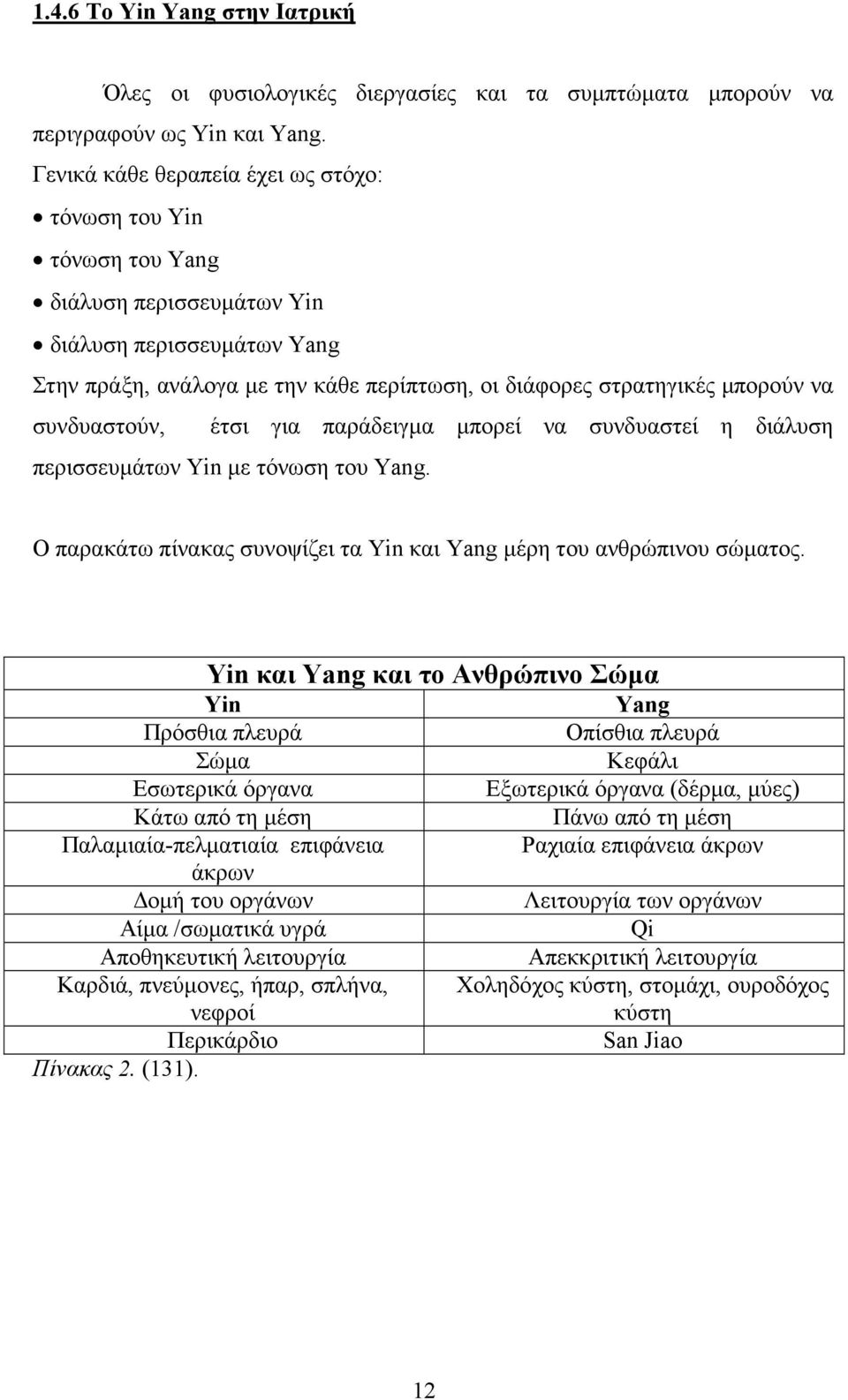 συνδυαστούν, έτσι για παράδειγµα µπορεί να συνδυαστεί η διάλυση περισσευµάτων Yin µε τόνωση του Yang. Ο παρακάτω πίνακας συνοψίζει τα Yin και Yang µέρη του ανθρώπινου σώµατος.