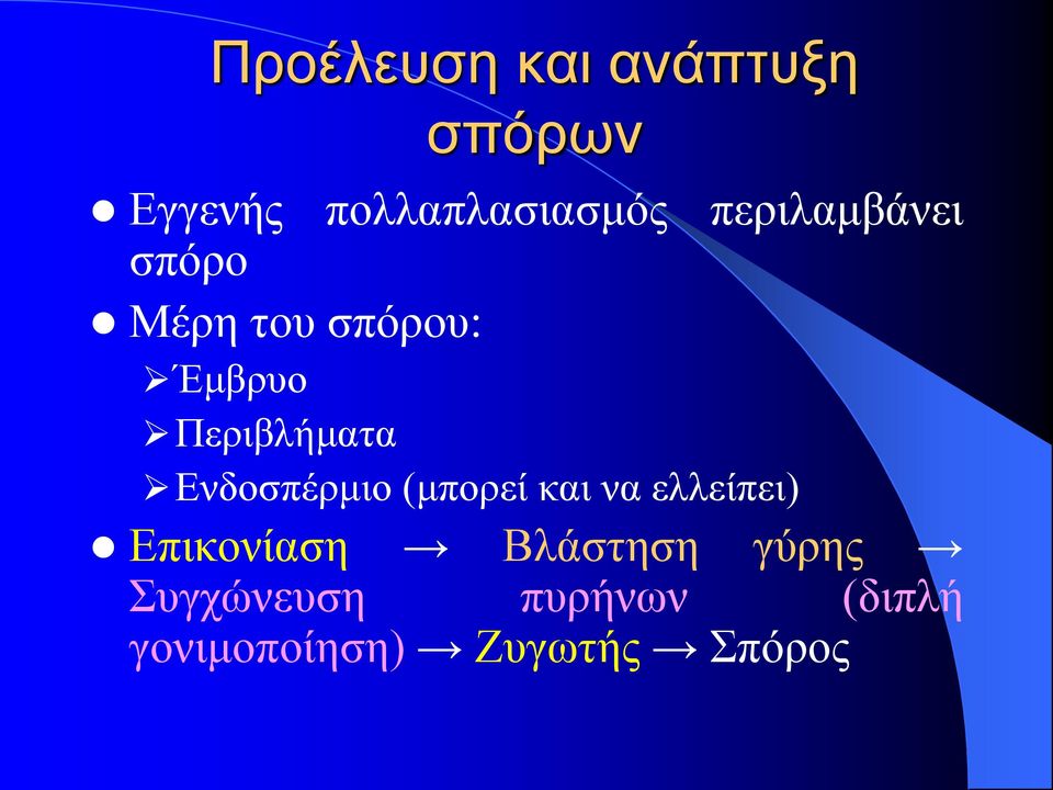 Ενδοσπέρμιο (μπορεί και να ελλείπει) Επικονίαση Βλάστηση