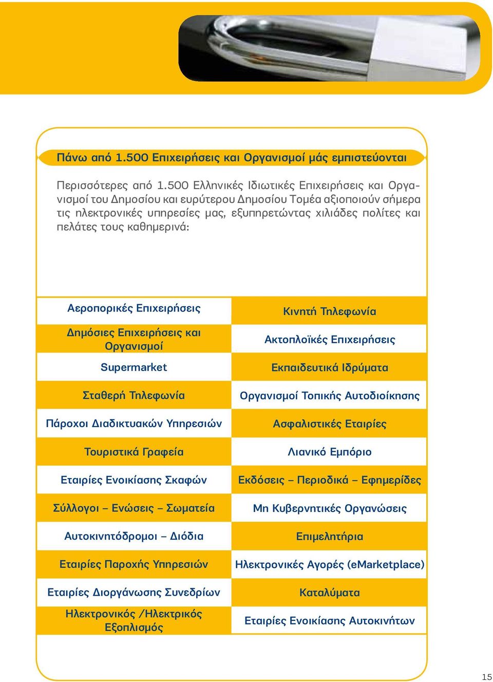 καθημερινά: Αεροπορικές Επιχειρήσεις Δημόσιες Επιχειρήσεις και Οργανισμοί Supermarket Σταθερή Τηλεφωνία Πάροχοι Διαδικτυακών Υπηρεσιών Τουριστικά Γραφεία Εταιρίες Ενοικίασης Σκαφών Σύλλογοι Ενώσεις