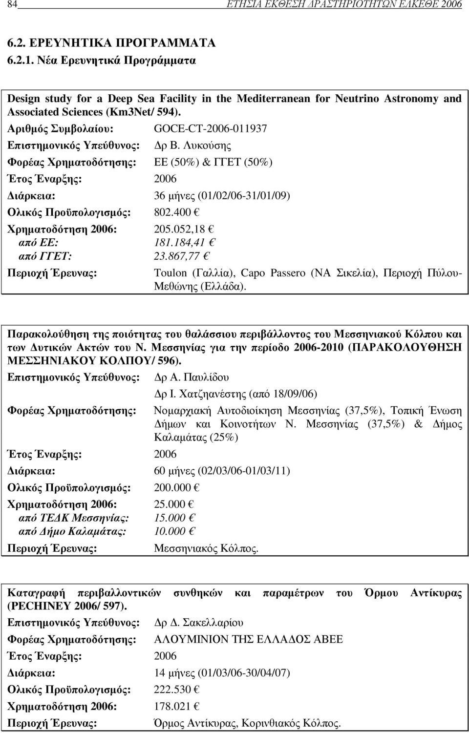126,38 από ΕΕ: 96.208 από ΓΓΕΤ: 2.918,38 Περιοχή έρευνας: Μεσόγειος Θάλασσα, Μαύρη Θάλασσα, Βαλτική, Αρκτική και Βόρειος Θάλασσα, Ατλαντικός και Παγκόσµιος Ωκεανός.
