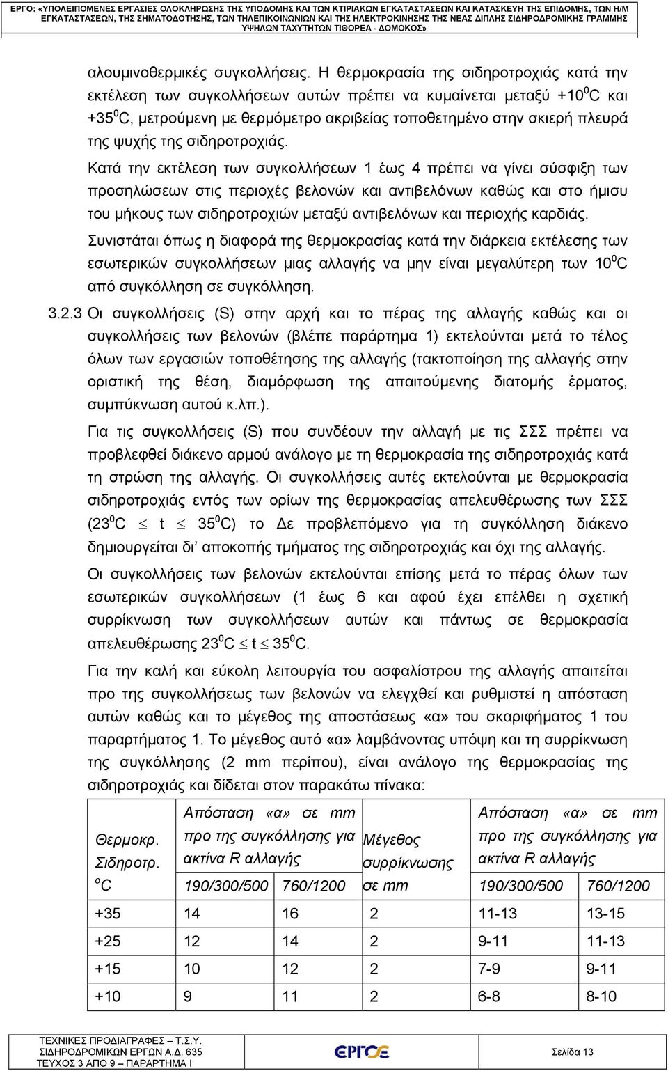 Η θερμοκρασία της σιδηροτροχιάς κατά την εκτέλεση των συγκολλήσεων αυτών πρέπει να κυμαίνεται μεταξύ +10 0 C και +35 0 C, μετρούμενη με θερμόμετρο ακριβείας τοποθετημένο στην σκιερή πλευρά της ψυχής