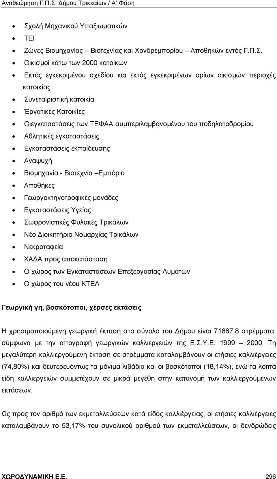 Βιοτεχνία Εμπόριο Αποθήκες Γεωργοκτηνοτροφικές μονάδες Εγκαταστάσεις Υγείας Σωφρονιστικές Φυλακές Τρικάλων Νέο Διοικητήριο Νομαρχίας Τρικάλων Νεκροταφεία ΧΑΔΑ προς αποκατάσταση Ο χώρος των