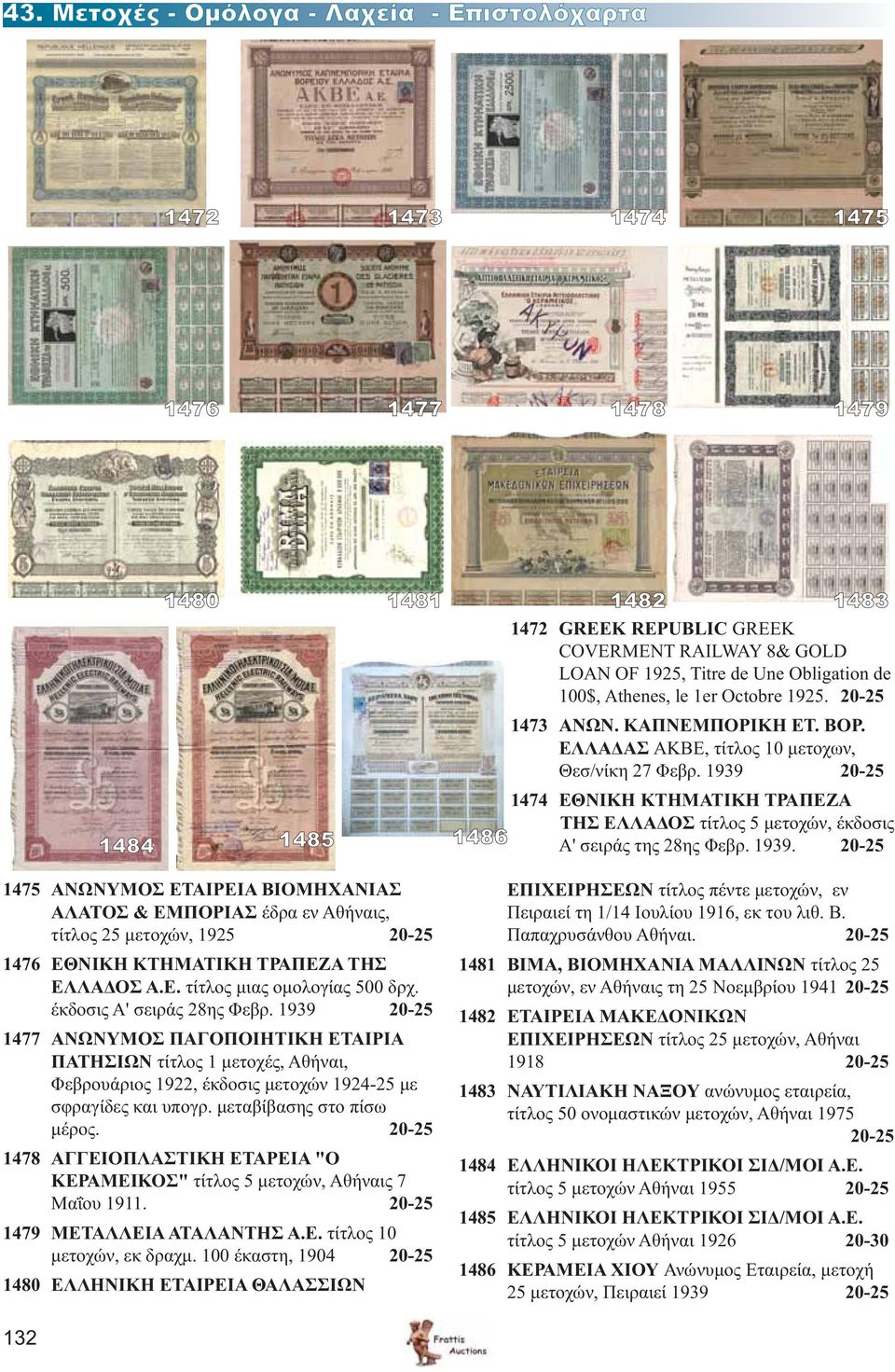 1939 20-25 1485 1486 1474 ΕΘΝΙΚΗ ΚΤΗΜΑΤΙΚΗ ΤΡΑΠΕΖΑ ΤΗΣ ΕΛΛΑΔΟΣ τίτλος 5 μετοχών, έκδοσις Α' σειράς της 28ης Φεβρ. 1939.