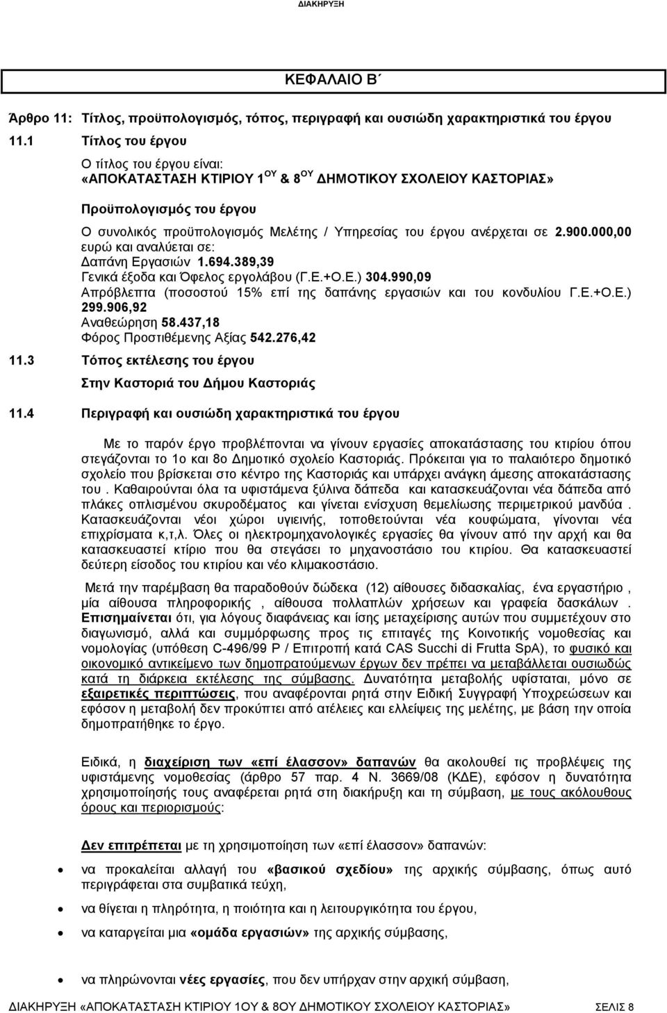 ανέρχεται σε 2.900.000,00 ευρώ και αναλύεται σε: Δαπάνη Εργασιών 1.694.389,39 Γενικά έξοδα και Όφελος εργολάβου (Γ.Ε.+Ο.Ε.) 304.