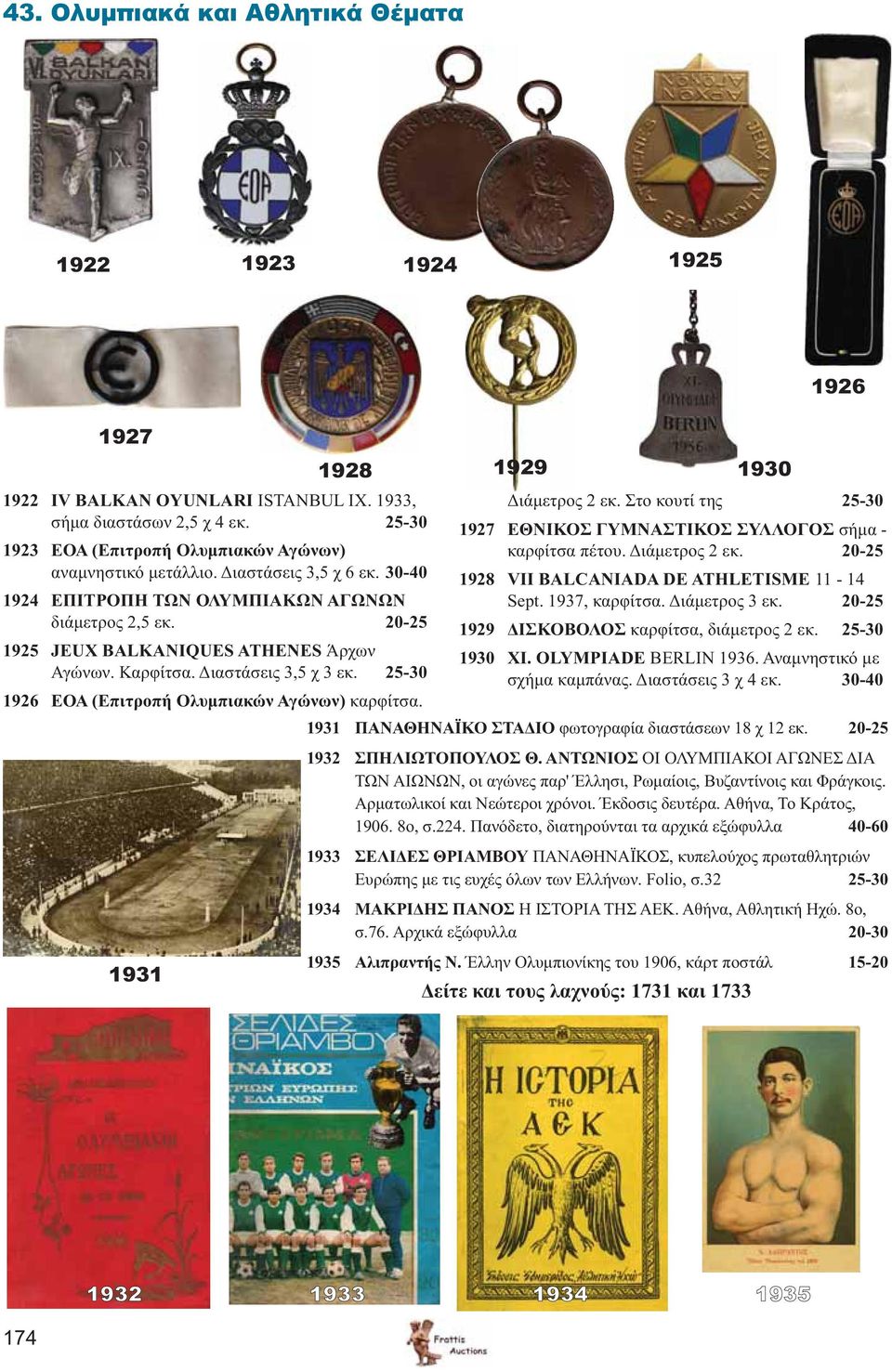 25-30 1926 ΕΟΑ (Επιτροπή Ολυμπιακών Αγώνων) καρφίτσα. 1931 1928 1929 1930 1926 Διάμετρος 2 εκ. Στο κουτί της 25-30 1927 ΕΘΝΙΚΟΣ ΓΥΜΝΑΣΤΙΚΟΣ ΣΥΛΛΟΓΟΣ σήμα - καρφίτσα πέτου. Διάμετρος 2 εκ. 20-25 1928 VII BALCANIADA DE ATHLETISME 11-14 Sept.