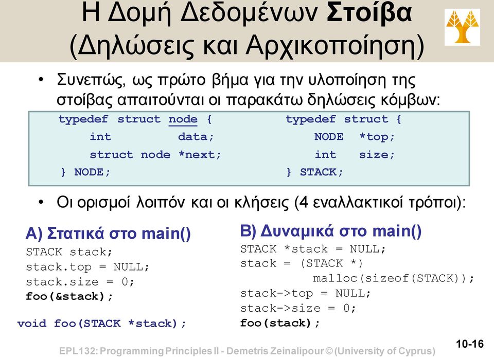 κλήσεις (4 εναλλακτικοί τρόποι): Α) Στατικά στο main() STACK stack; stack.top = NULL; stack.