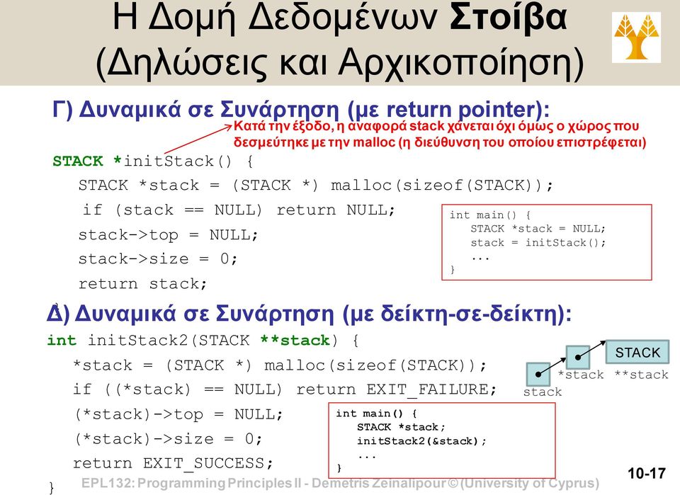 if ((*stack) == NULL) return EXIT_FAILURE; (*stack)->top = NULL; (*stack)->size = 0; return EXIT_SUCCESS; Κατά την έξοδο, η αναφορά stack χάνεται όχι όμως ο χώρος που δεσμεύτηκε με την