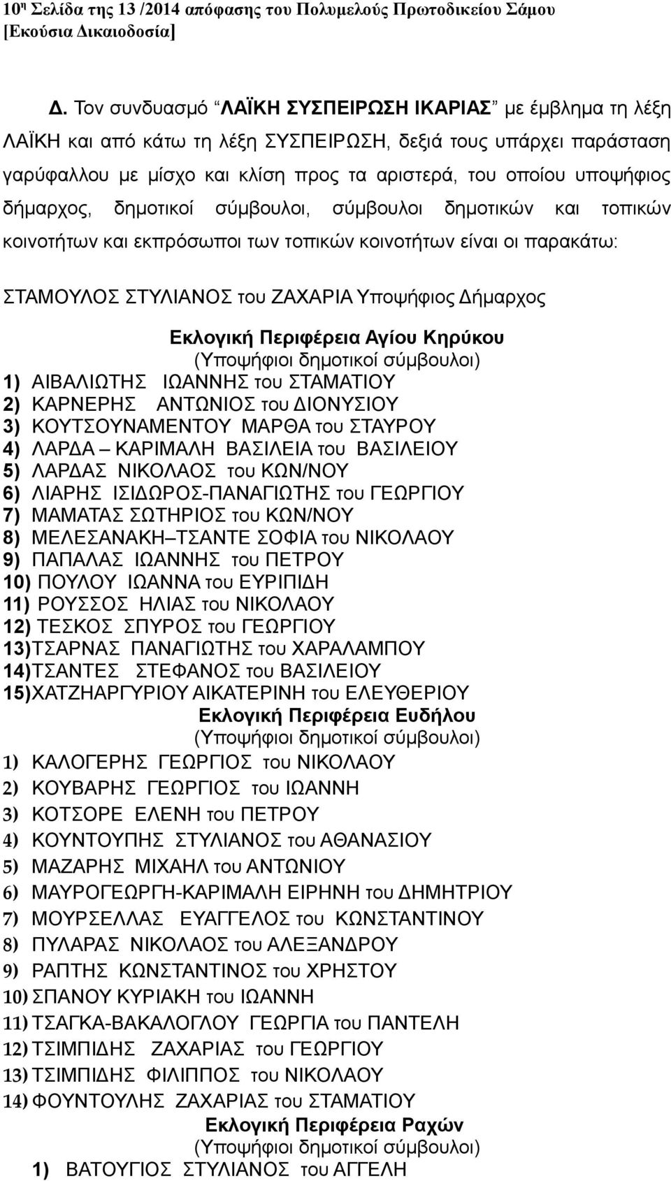 δήμαρχος, δημοτικοί σύμβουλοι, σύμβουλοι δημοτικών και τοπικών κοινοτήτων και εκπρόσωποι των τοπικών κοινοτήτων είναι οι παρακάτω: ΣΤΑΜΟΥΛΟΣ ΣΤΥΛΙΑΝΟΣ του ΖΑΧΑΡΙΑ Υποψήφιος Δήμαρχος Εκλογική