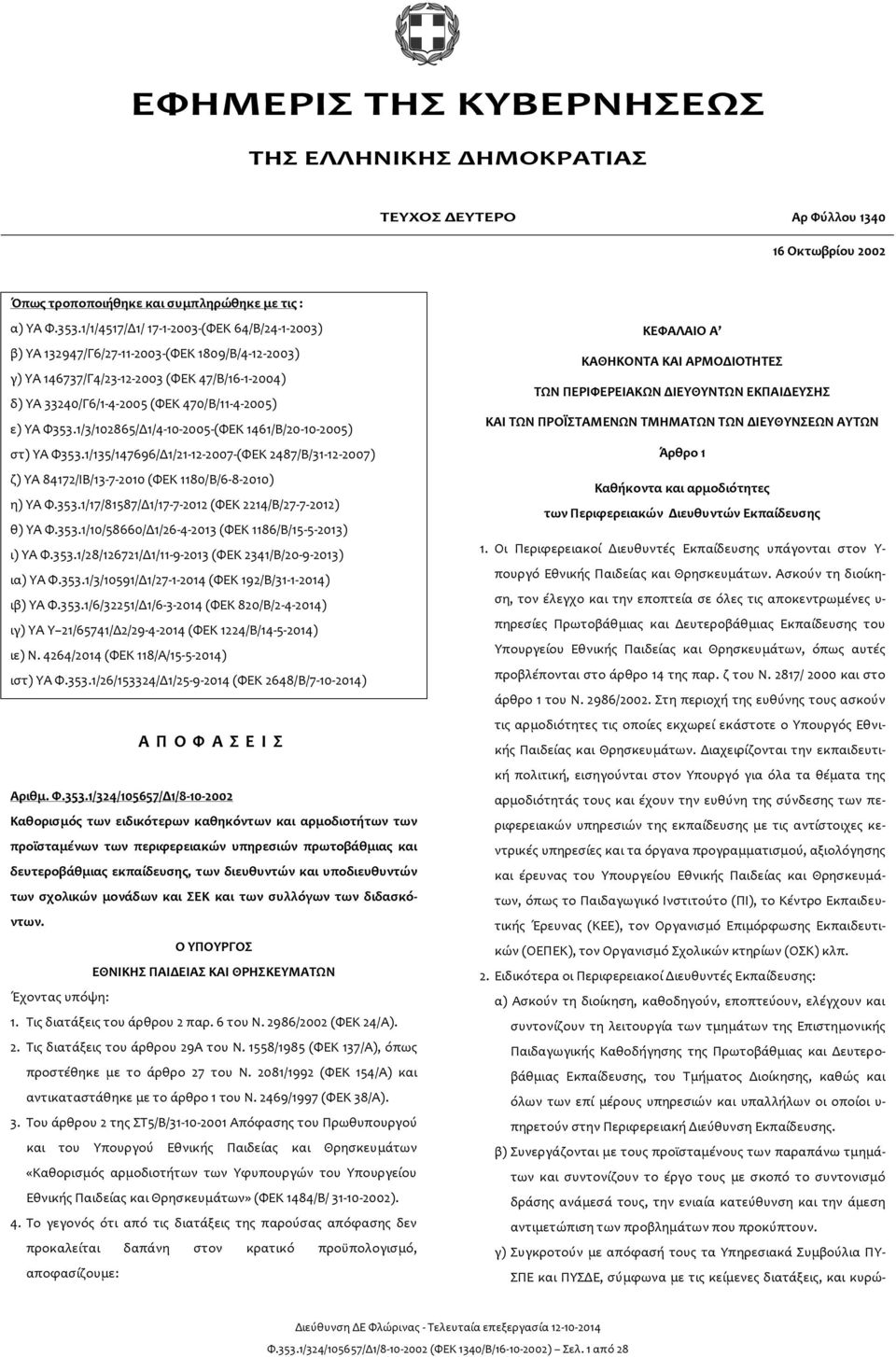 1/3/102865/Δ1/4-10-2005-(ΦΕΚ 1461/Β/20-10-2005) στ) ΥΑ Φ353.1/135/147696/Δ1/21-12-2007-(ΦΕΚ 2487/Β/31-12-2007) ζ) ΥΑ 84172/ΙΒ/13-7-2010 (ΦΕΚ 1180/Β/6-8-2010) η) ΥΑ Φ.353.1/17/81587/Δ1/17-7-2012 (ΦΕΚ 2214/Β/27-7-2012) θ) ΥΑ Φ.