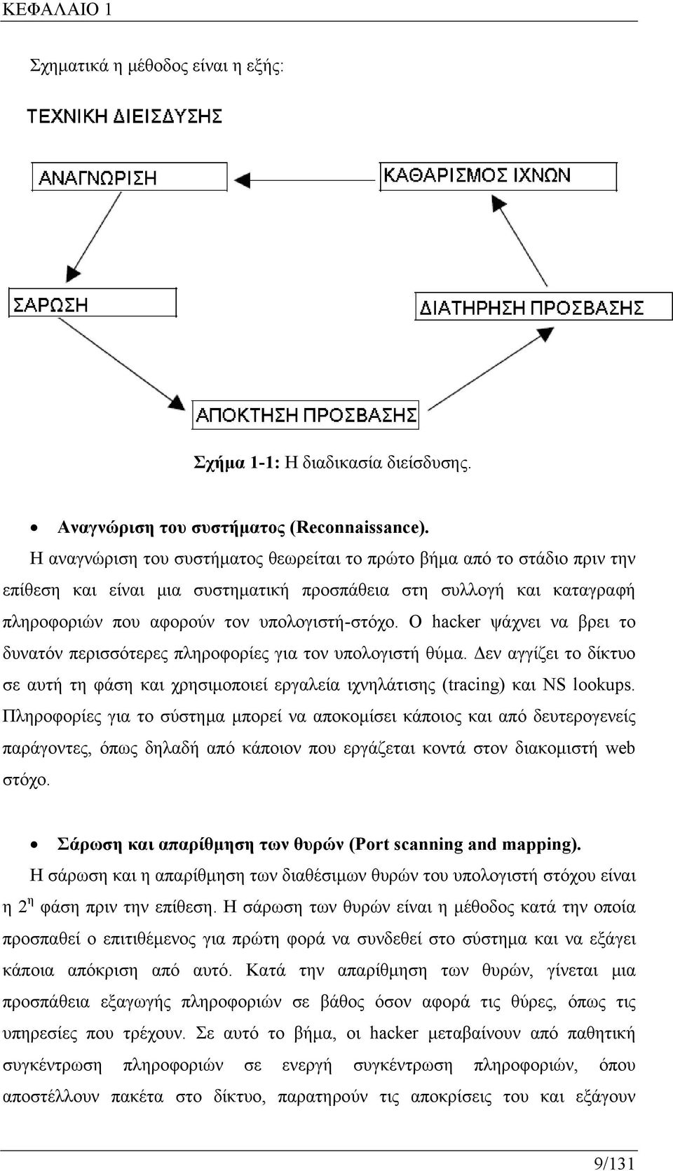 Ο hacker ψάχνει να βρει το δυνατόν περισσότερες πληροφορίες για τον υπολογιστή θύμα. Δεν αγγίζει το δίκτυο σε αυτή τη φάση και χρησιμοποιεί εργαλεία ιχνηλάτισης (tracing) και NS lookups.