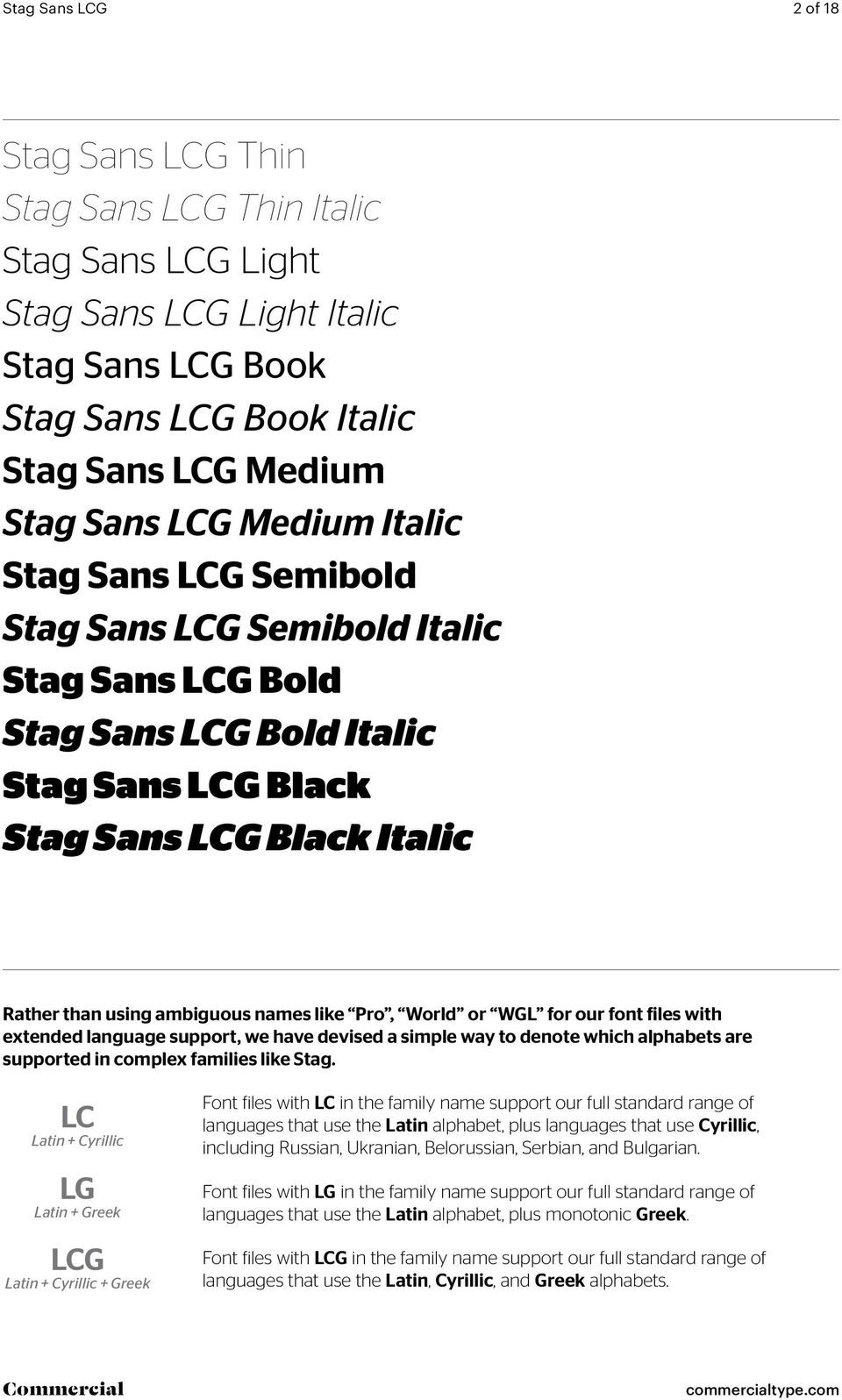 Pro, World or WGL for our font files with extended language support, we have devised a simple way to denote which alphabets are supported in complex families like Stag.