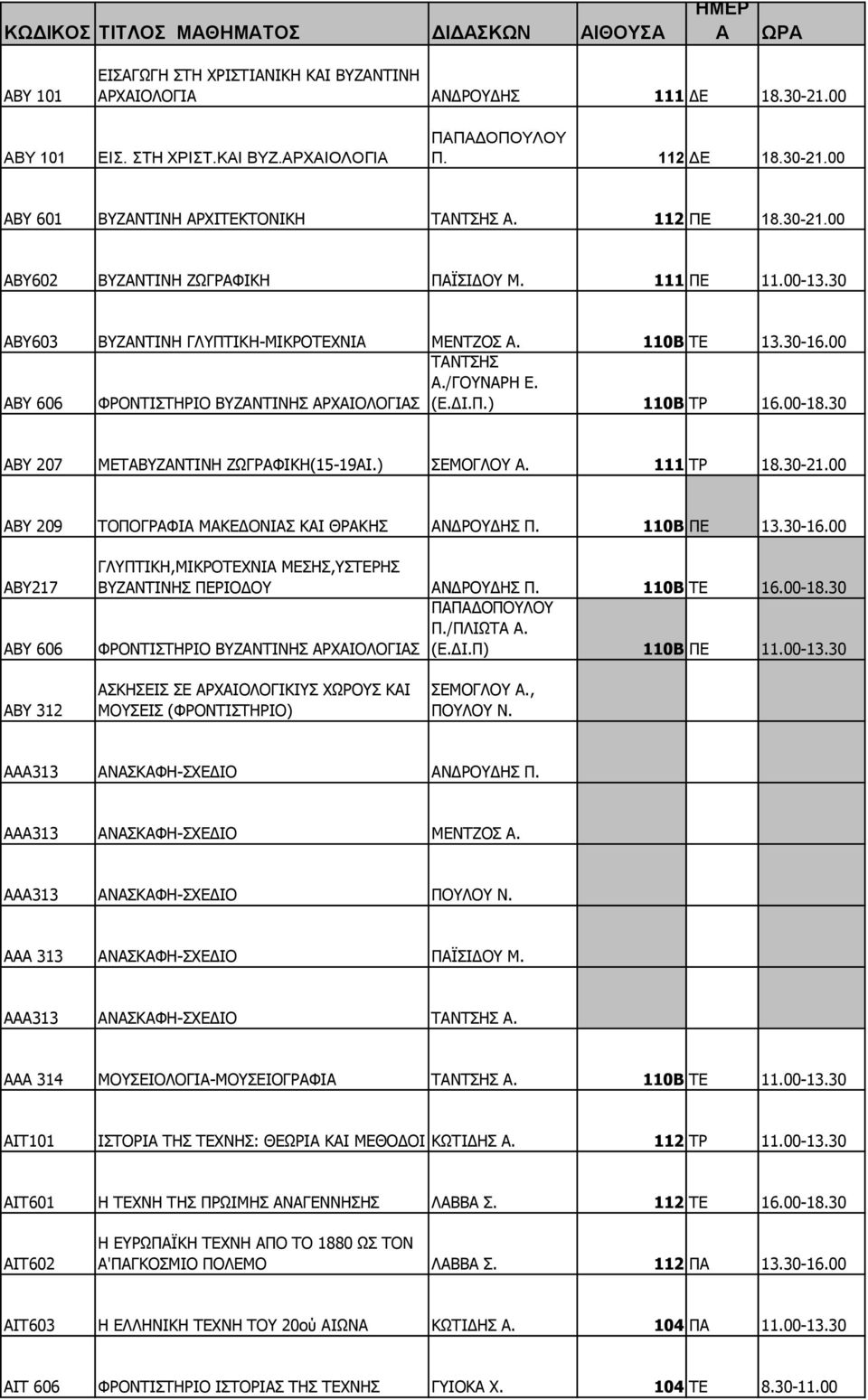 30-16.00 ABY 606 ΦΡΟΝΤΙΣΤΗΡΙΟ ΒΥΖΑΝΤΙΝΗΣ ΑΡΧΑΙΟΛΟΓΙΑΣ ΤΑΝΤΣΗΣ Α./ΓΟΥΝΑΡΗ Ε. (Ε.ΔΙ.Π.) 110Β ΤΡ 16.00-18.30 ΑΒΥ 207 ΜΕΤΑΒΥΖΑΝΤΙΝΗ ΖΩΓΡΑΦΙΚΗ(15-19ΑΙ.) ΣΕΜΟΓΛΟΥ Α. 111 ΤΡ 18.30-21.