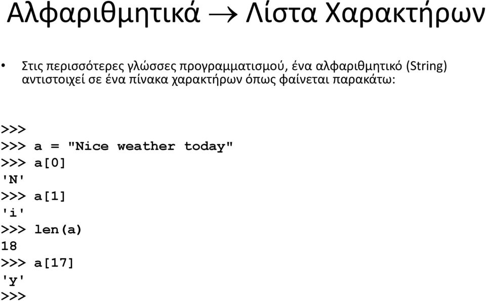 πίνακα χαρακτήρων όπως φαίνεται παρακάτω: >>> >>> a = "Nice