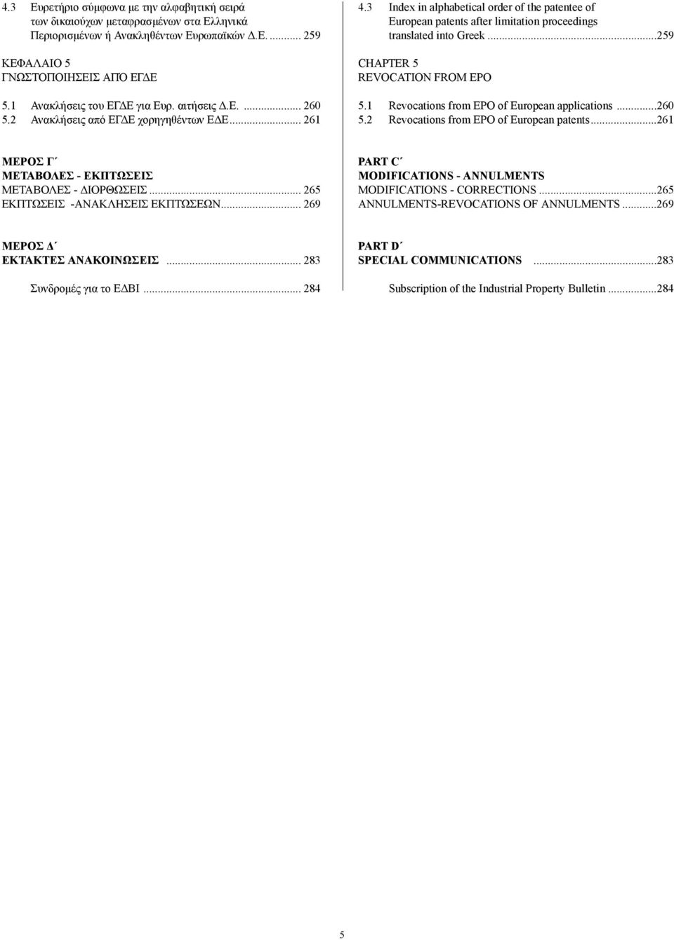 3 Index in alphabetical order of the patentee of European patents after limitation proceedings translated into Greek...259 CHAPTER 5 REVOCATION FROM EPO 5.