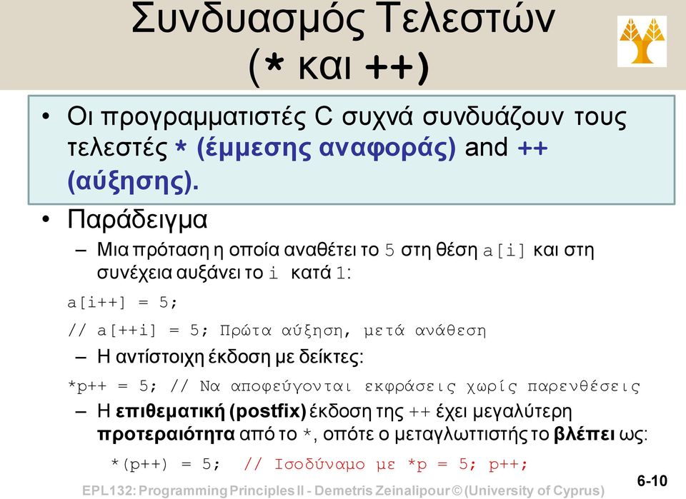 αύξηση, μετά ανάθεση H αντίστοιχη έκδοση με δείκτες: *p++ = 5; // Να αποφεύγονται εκφράσεις χωρίς παρενθέσεις H επιθεματική