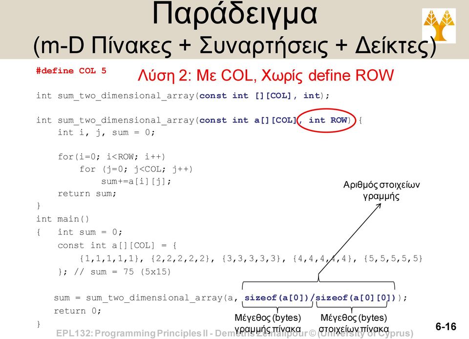 int sum = 0; const int a[][col] = { {1,1,1,1,1, {2,2,2,2,2, {3,3,3,3,3, {4,4,4,4,4, {5,5,5,5,5 ; // sum = 75 (5x15) sum = sum_two_dimensional_array(a,
