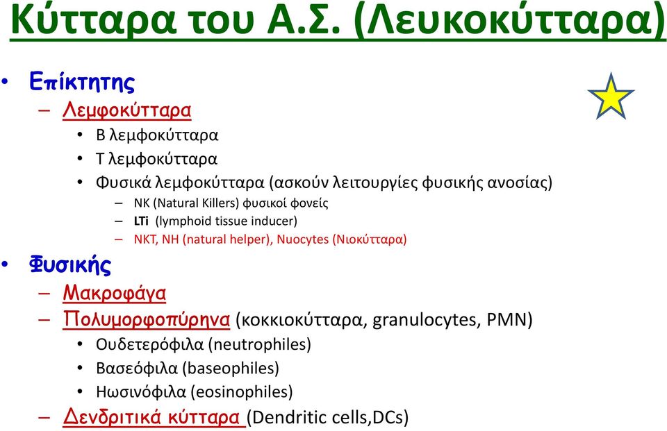 φυσικής ανοσίας) ΝΚ (Natural Killers) φυσικοί φονείς LTi (lymphoid tissue inducer) NKT, NH (natural helper),