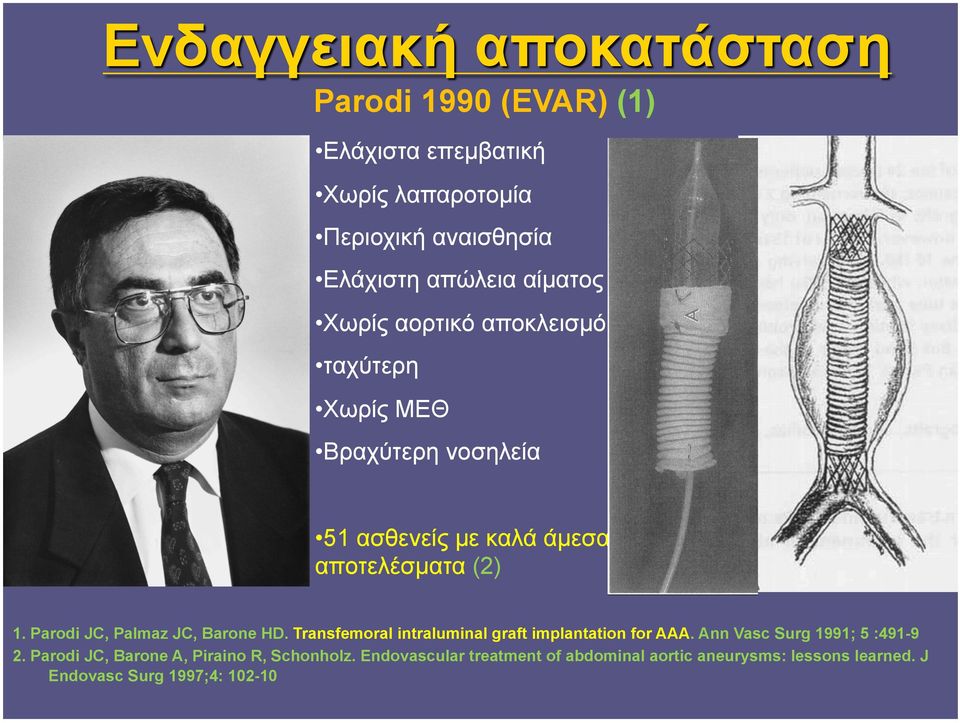 Parodi JC, Palmaz JC, Barone HD. Transfemoral intraluminal graft implantation for AAA. Ann Vasc Surg 1991; 5 :491-9 2.