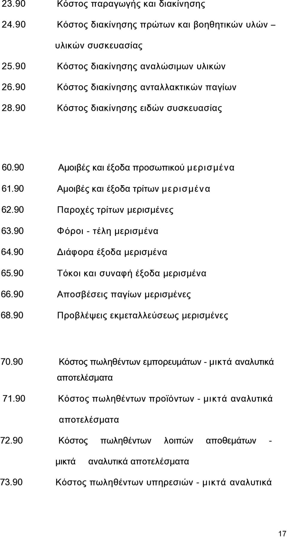 90 Διάφορα έξοδα μερισμένα 65.90 Τόκοι και συναφή έξοδα μερισμένα 66.90 Αποσβέσεις παγίων μερισμένες 68.90 Προβλέψεις εκμεταλλεύσεως μερισμένες 70.