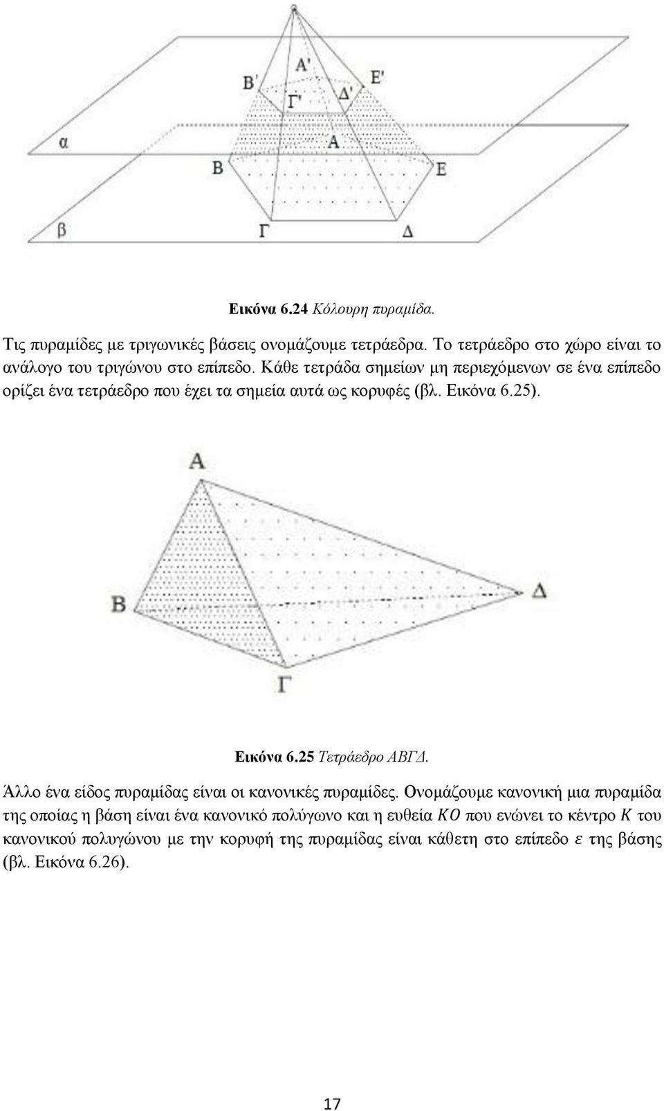 Κάθε τετράδα σημείων μη περιεχόμενων σε ένα επίπεδο ορίζει ένα τετράεδρο που έχει τα σημεία αυτά ως κορυφές (βλ. Εικόνα 6.25). Εικόνα 6.25 Τετράεδρο ΑΒΓΔ.