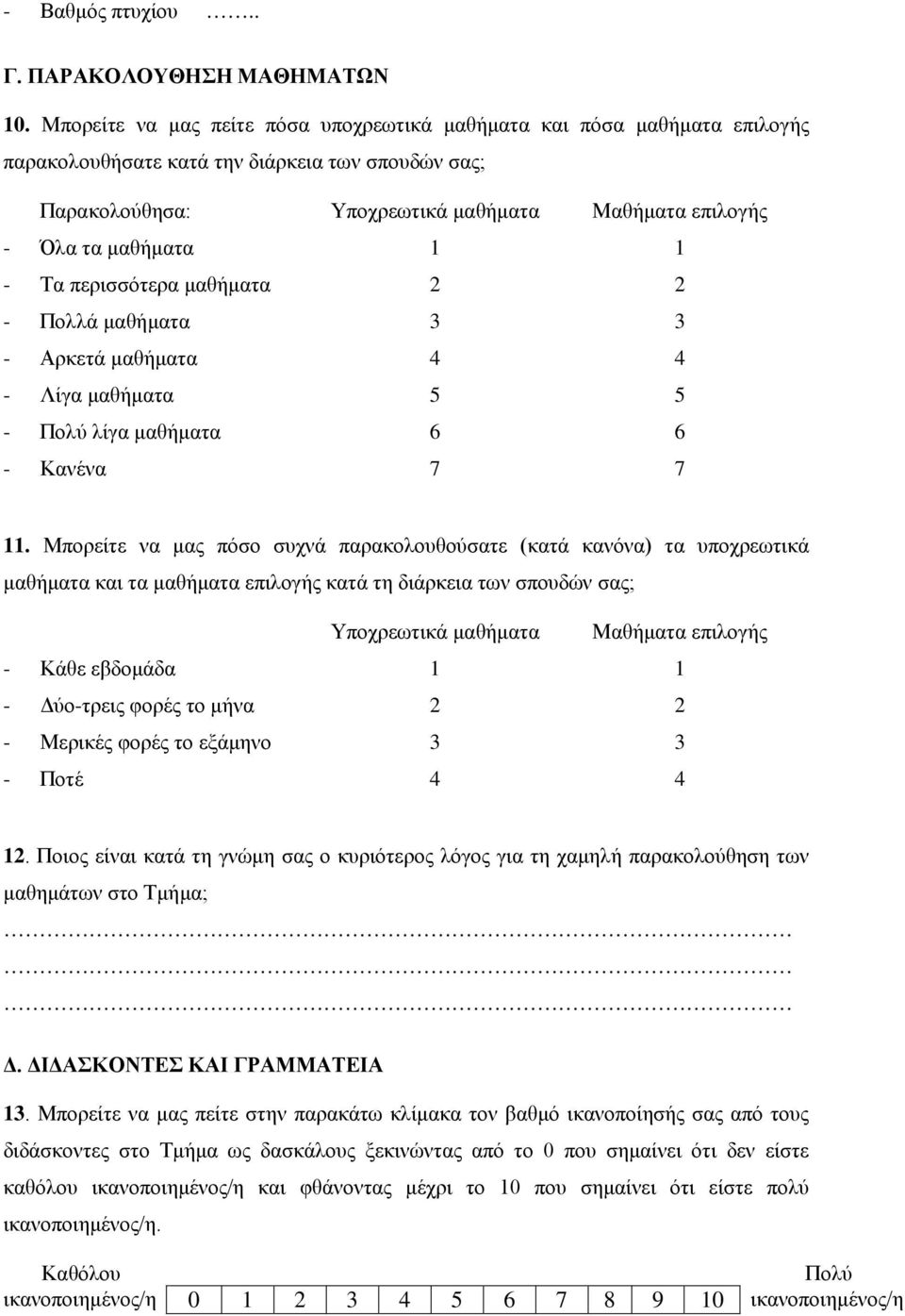 1 - Τα περισσότερα μαθήματα 2 2 - Πολλά μαθήματα 3 3 - Αρκετά μαθήματα 4 4 - Λίγα μαθήματα 5 5 - λίγα μαθήματα 6 6 - Κανένα 7 7 11.