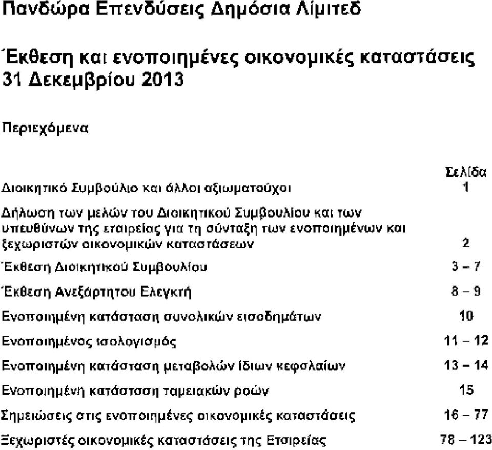 Ανεξάρτητου Ελεγκτή Ενοποιημένη κατάσταση συνολικών εισοδημάτων Ενοποιημένος ισολογισμός Ενοποιημένη κατάσταση μεταβολών ίδιων κεφαλαίων Ενοποιημένη