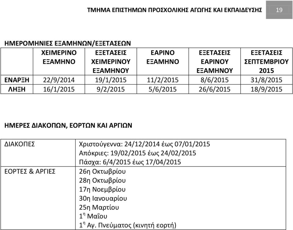 5/6/2015 26/6/2015 18/9/2015 ΗΜΕΡΕΣ ΔΙΑΚΟΠΩΝ, ΕΟΡΤΩΝ KAI ΑΡΓΙΩΝ ΔΙΑΚΟΠΕΣ Χριστούγεννα: 24/12/2014 έως 07/01/2015 Απόκριες: 19/02/2015 έως