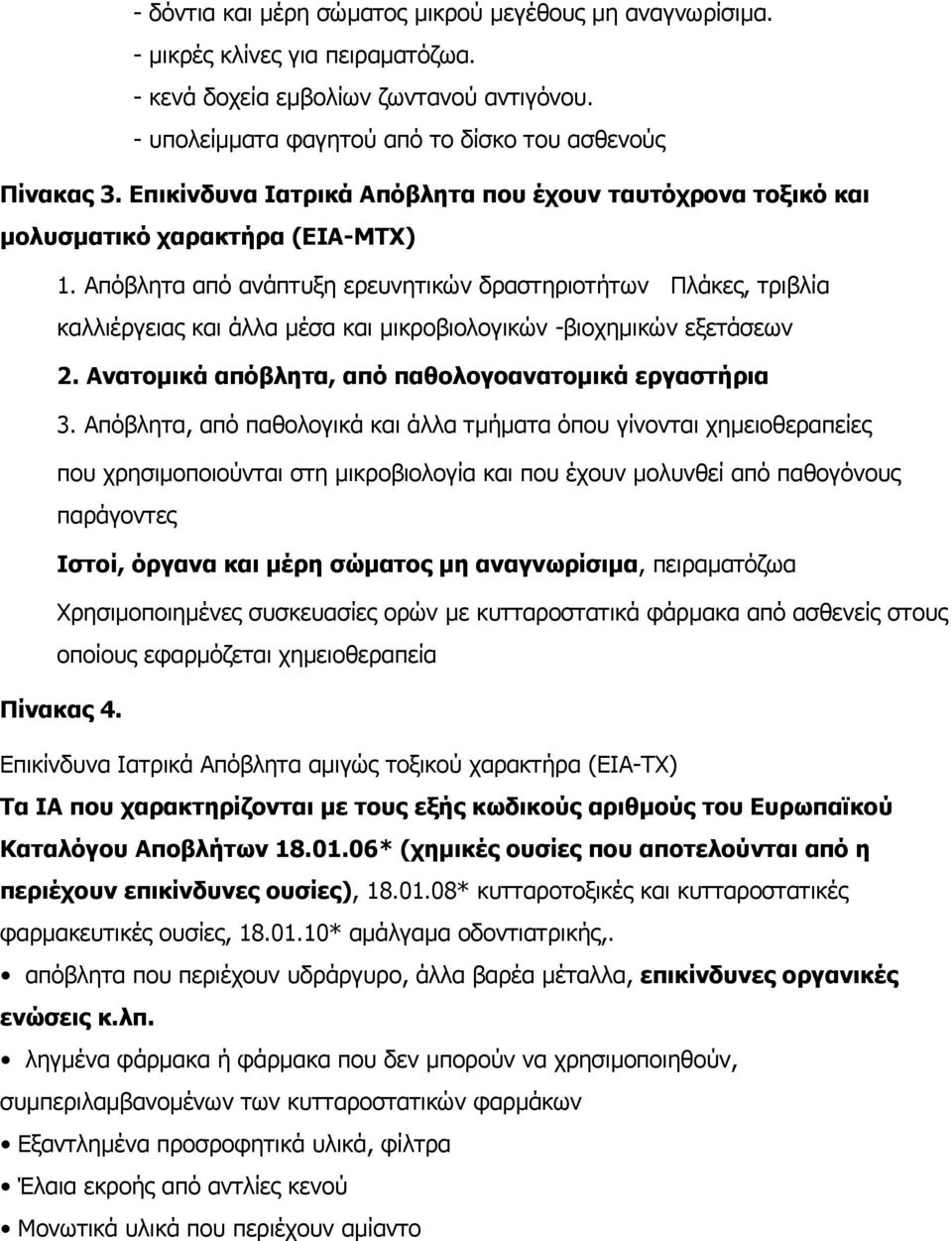 Απόβλητα από ανάπτυξη ερευνητικών δραστηριοτήτων Πλάκες, τριβλία καλλιέργειας και άλλα µέσα και µικροβιολογικών -βιοχηµικών εξετάσεων 2. Ανατοµικά απόβλητα, από παθολογοανατοµικά εργαστήρια 3.