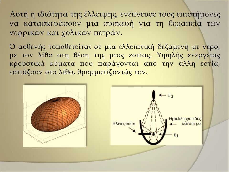 Ο ασθενής τοποθετείται σε μια ελλειπτική δεξαμενή με νερό, με τον λίθο στη θέση της