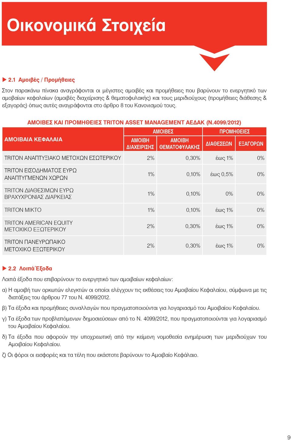 μεριδιούχους (προμήθειες διάθεσης & εξαγοράς) όπως αυτές αναγράφονται στο άρθρο 8 του Κανονισμού τους. ΑΜΟΙΒΕΣ ΚΑΙ ΠΡΟΜΗΘΕΙΕΣ TRITON ASSET MANAGEMENT ΑΕΔΑΚ (Ν.