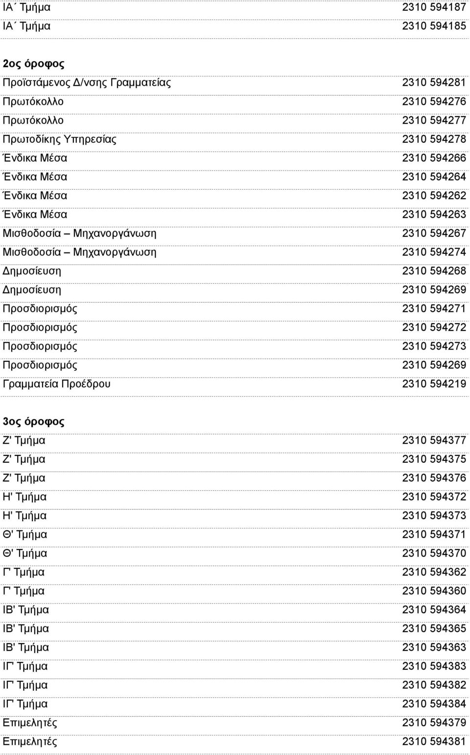 Προσδιορισµός 2310 594271 Προσδιορισµός 2310 594272 Προσδιορισµός 2310 594273 Προσδιορισµός 2310 594269 Γραµµατεία Προέδρου 2310 594219 3ος όροφος Ζ' Τµήµα 2310 594377 Ζ' Τµήµα 2310 594375 Ζ' Τµήµα