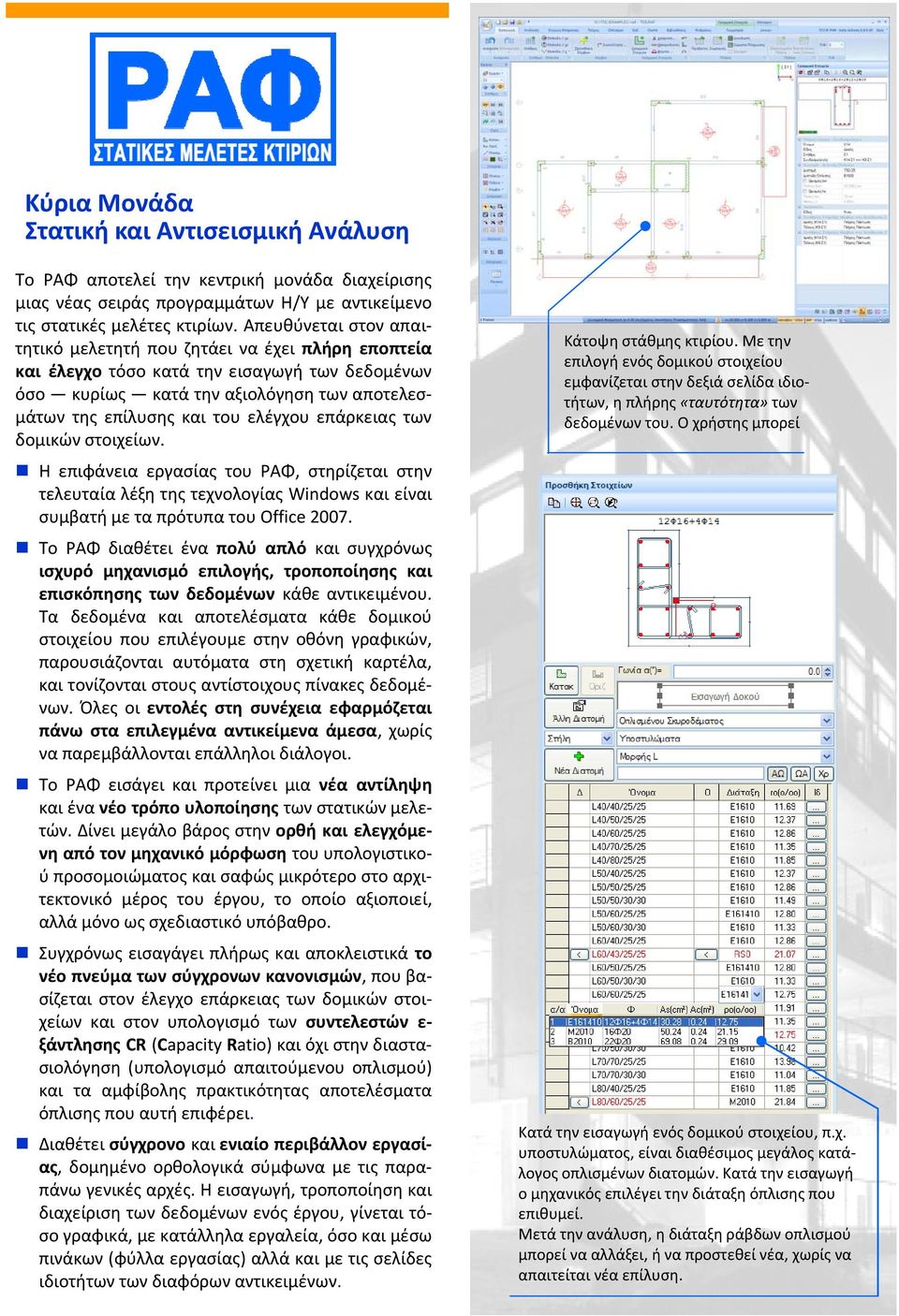 επάρκειας των δομικών στοιχείων. Η επιφάνεια εργασίας του ΡΑΦ, στηρίζεται στην τελευταία λέξη της τεχνολογίας Windows και είναι συμβατή με τα πρότυπα του Office 2007.