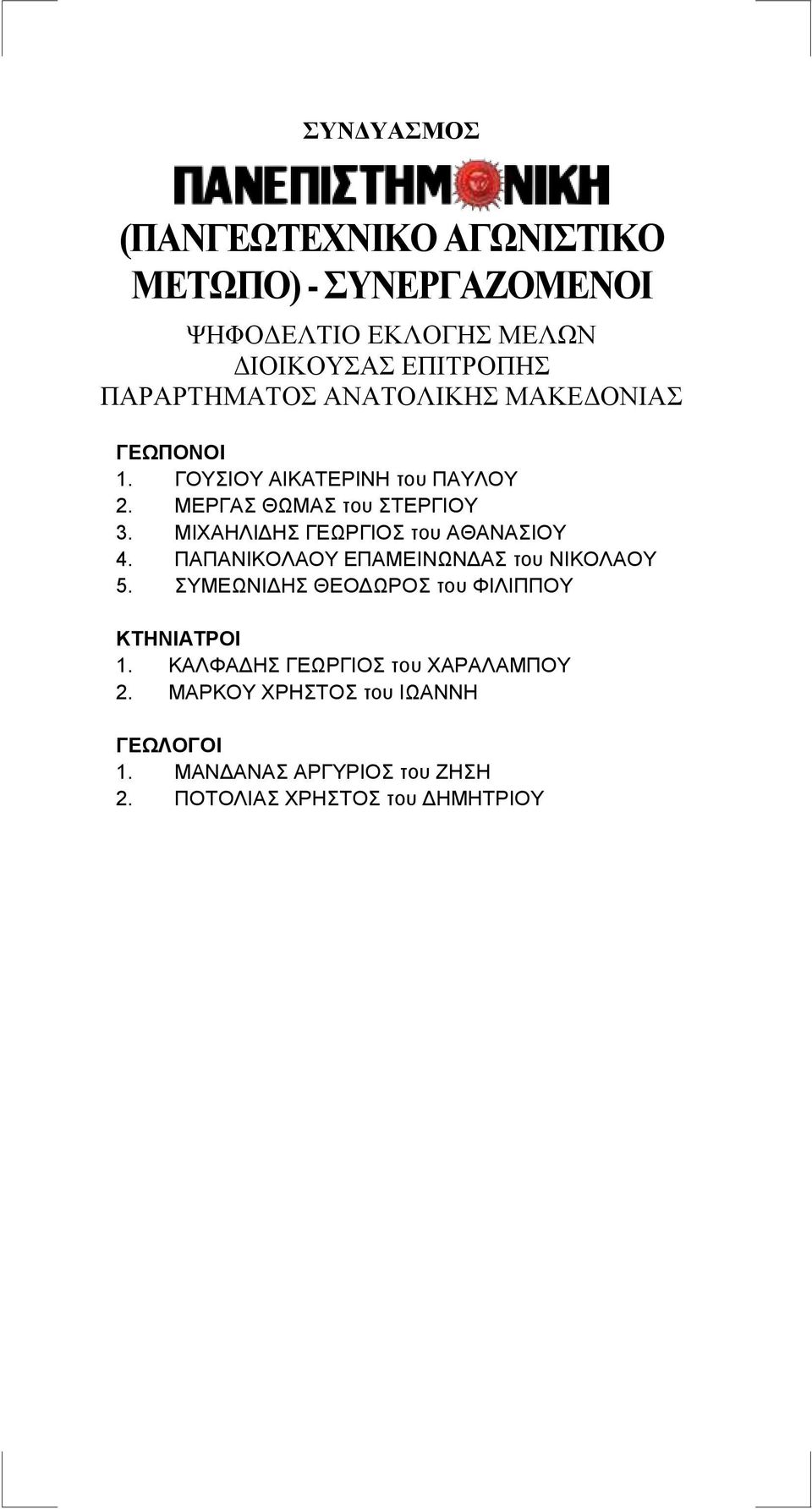 ΠΑΠΑΝΙΚΟΛΑΟΥ ΕΠΑΜΕΙΝΩΝΔΑΣ του ΝΙΚΟΛΑΟΥ 5. ΣΥΜΕΩΝΙΔΗΣ ΘΕΟΔΩΡΟΣ του ΦΙΛΙΠΠΟΥ ΚΤΗΝΙΑΤΡΟΙ 1.