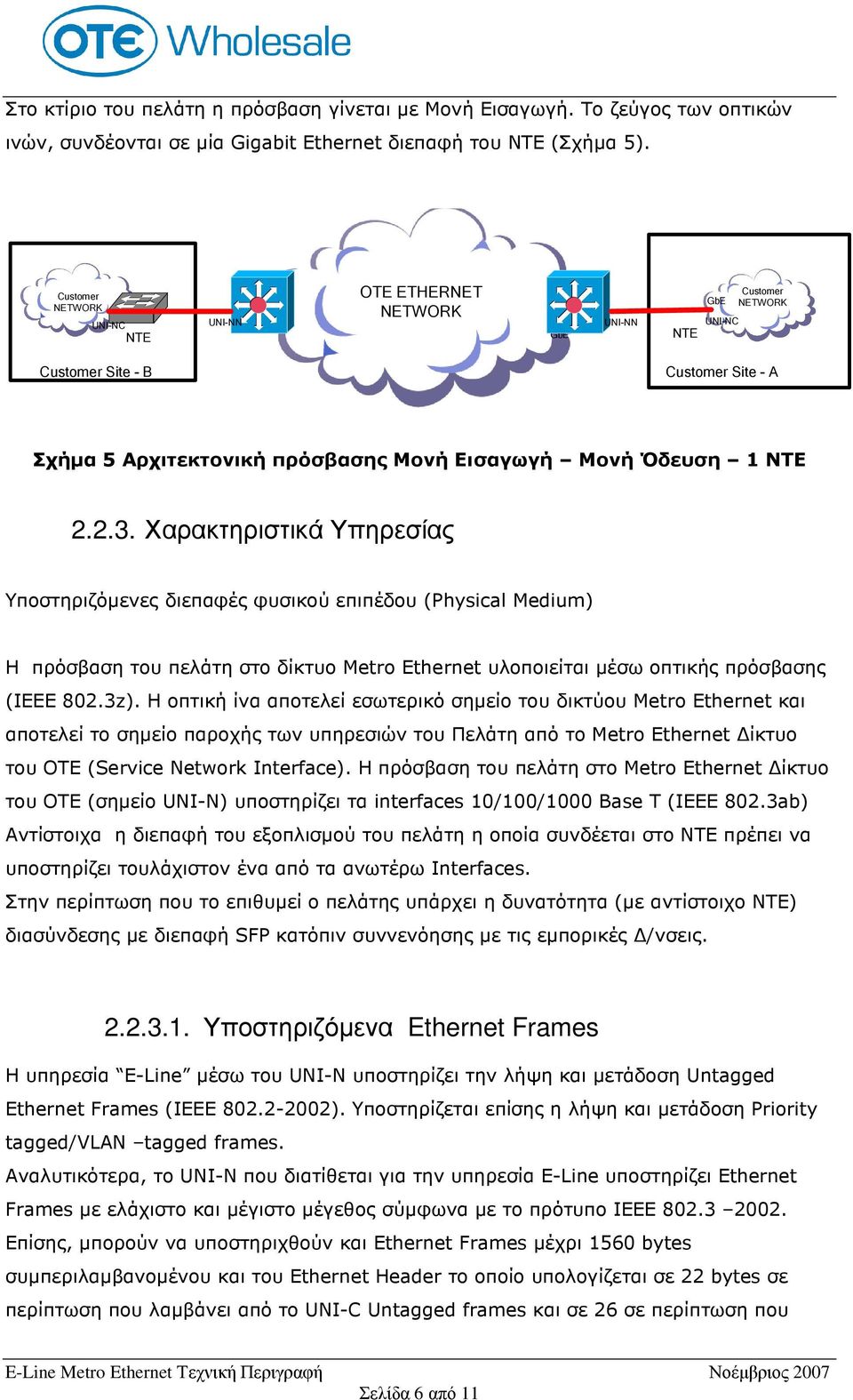 2.2.3. Χαρακτηριστικά Υπηρεσίας Υποστηριζόµενες διεπαφές φυσικού επιπέδου (Physical Medium) Η πρόσβαση του πελάτη στο δίκτυο Metro Ethernet υλοποιείται µέσω οπτικής πρόσβασης (IEEE 802.3z).