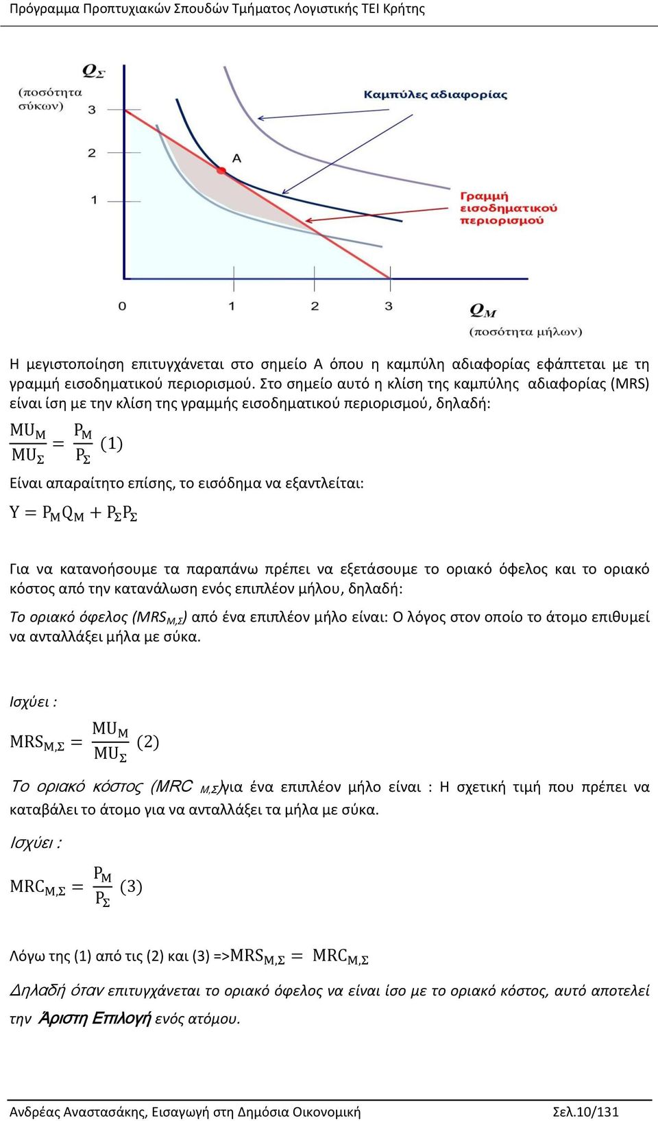 παραπάνω πρέπει να εξετάσουμε το οριακό όφελος και το οριακό κόστος από την κατανάλωση ενός επιπλέον μήλου, δηλαδή: Το οριακό όφελος (MRS M,Σ ) από ένα επιπλέον μήλο είναι: Ο λόγος στον οποίο το