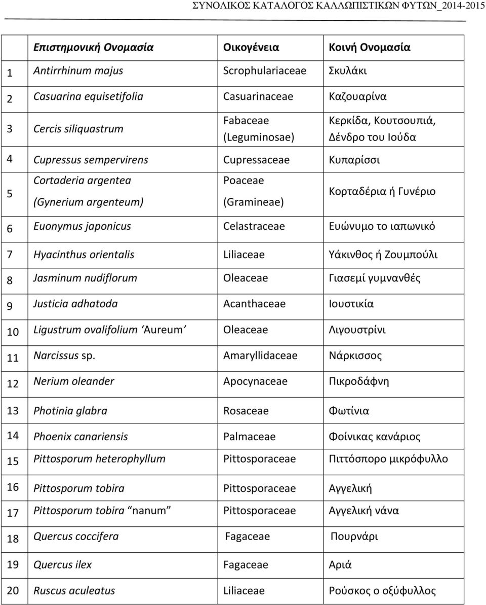 8 Jasminum nudiflorum Oleaceae Γιασεμί γυμνανθές 9 Justicia adhatoda Acanthaceae Ιουστικία 10 Ligustrum ovalifolium Aureum Oleaceae Λιγουστρίνι 11 Narcissus sp.