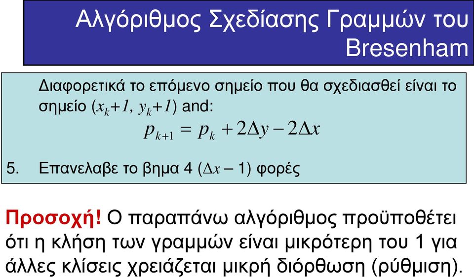 Επανελαβε το βημα 4 (Δx 1) φορές = p + 2 y k + 1 k 2 x Προσοχή!