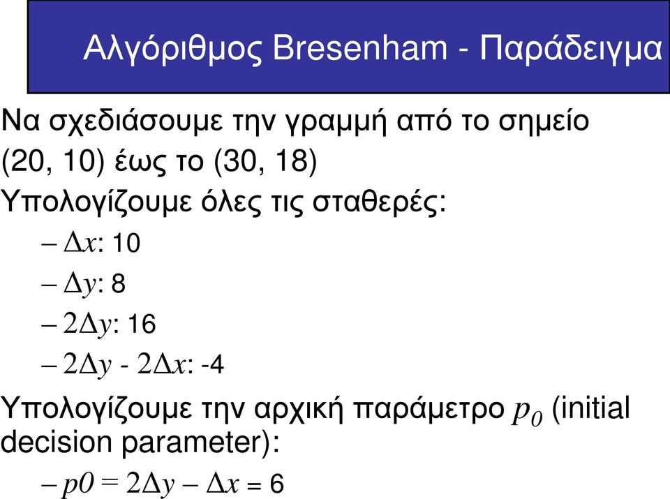 σταθερές: Δx: 10 Δy: 8 2Δy: 16 2Δy - 2Δx: -4 Υπολογίζουμε την