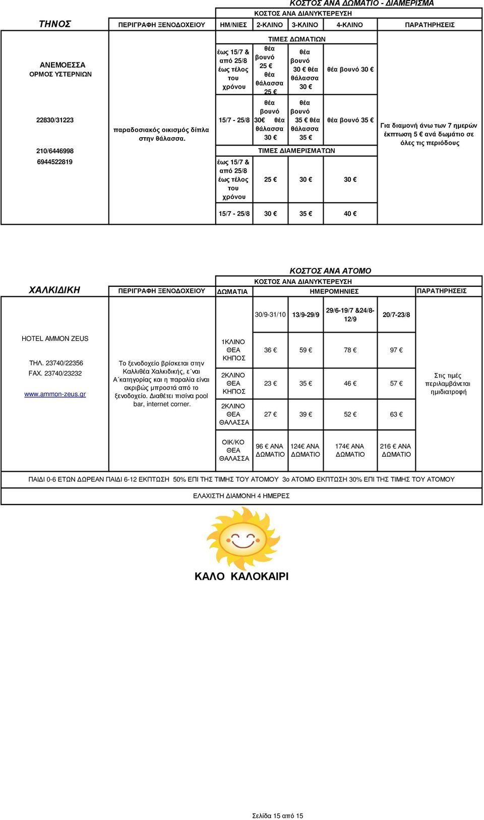 έως 15/7 & από 25/8 έως τέλος του χρόνου ΤΙΜΕΣ ΩΜΑΤΙΩΝ θέα βουνό 25 θέα θάλασσα 25 θέα βουνό 30 θέα θάλασσα θέα βουνό θέα θάλασσα θέα βουνό θέα θάλασσα ΤΙΜΕΣ ΙΑΜΕΡΙΣΜΑΤΩΝ θέα βουνό θέα βουνό 25 Για