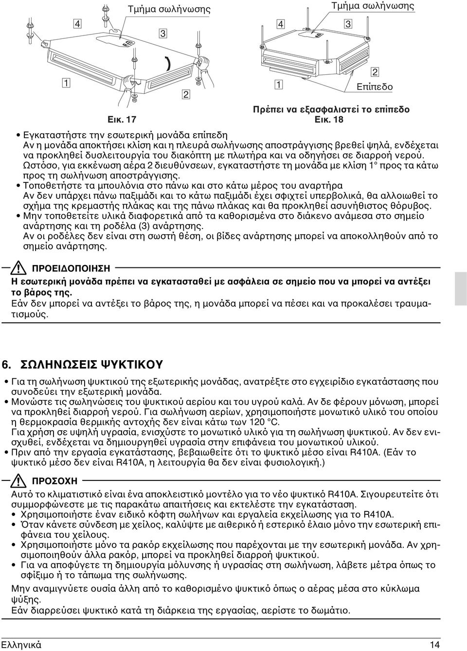 σε διαρροή νερού. Ωστόσο, για εκκένωση αέρα 2 διευθύνσεων, εγκαταστήστε τη μονάδα με κλίση 1 προς τα κάτω προς τη σωλήνωση αποστράγγισης.
