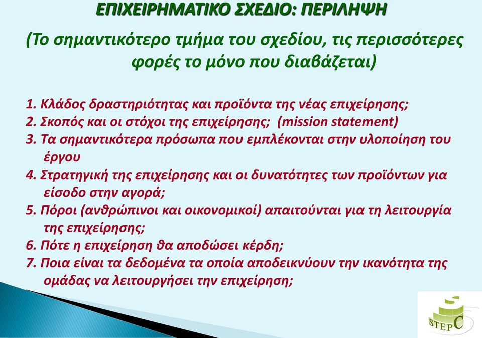 Τα σημαντικότερα πρόσωπα που εμπλέκονται στην υλοποίηση του έργου 4. Στρατηγική της επιχείρησης και οι δυνατότητες των προϊόντων για είσοδο στην αγορά; 5.