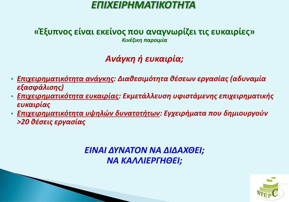 Επιχειρηματικότητα ευκαιρίας: Εκμετάλλευση υφιστάμενης επιχειρηματικής ευκαιρίας Επιχειρηματικότητα