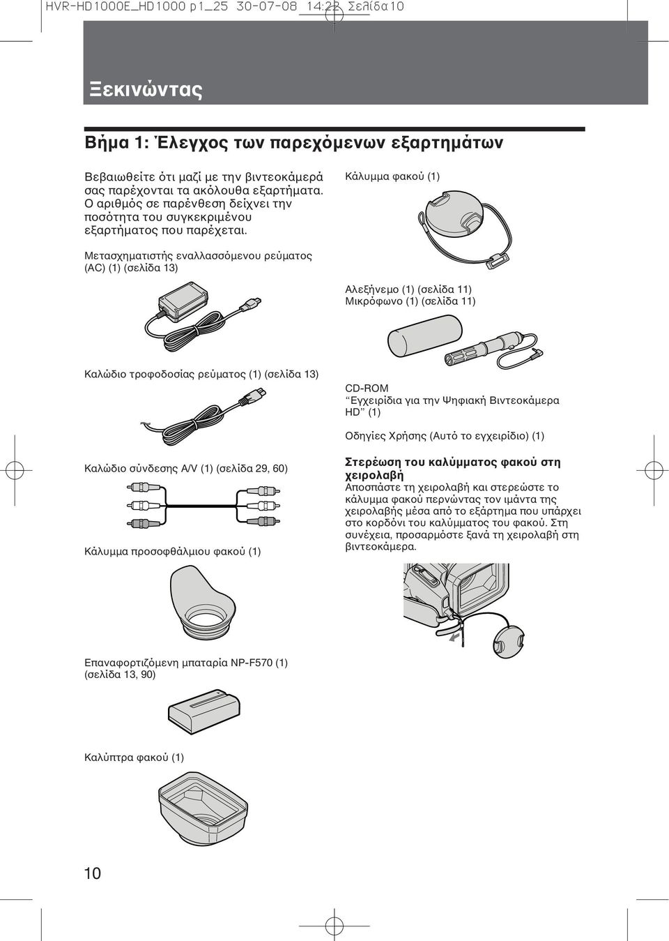 Κάλυμμα φακού (1) Μετασχηματιστής εναλλασσόμενου ρεύματος (AC) (1) (σελίδα 13) Αλεξήνεμο (1) (σελίδα 11) Μικρόφωνο (1) (σελίδα 11) Καλώδιο τροφοδοσίας ρεύματος (1) (σελίδα 13) CD-ROM Εγχειρίδια για